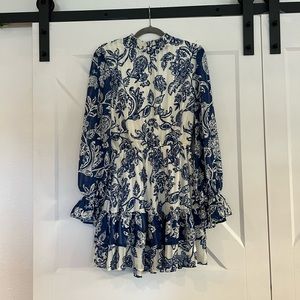 A. Calin by flying tomato blue and white long sleeve dress with ruffles